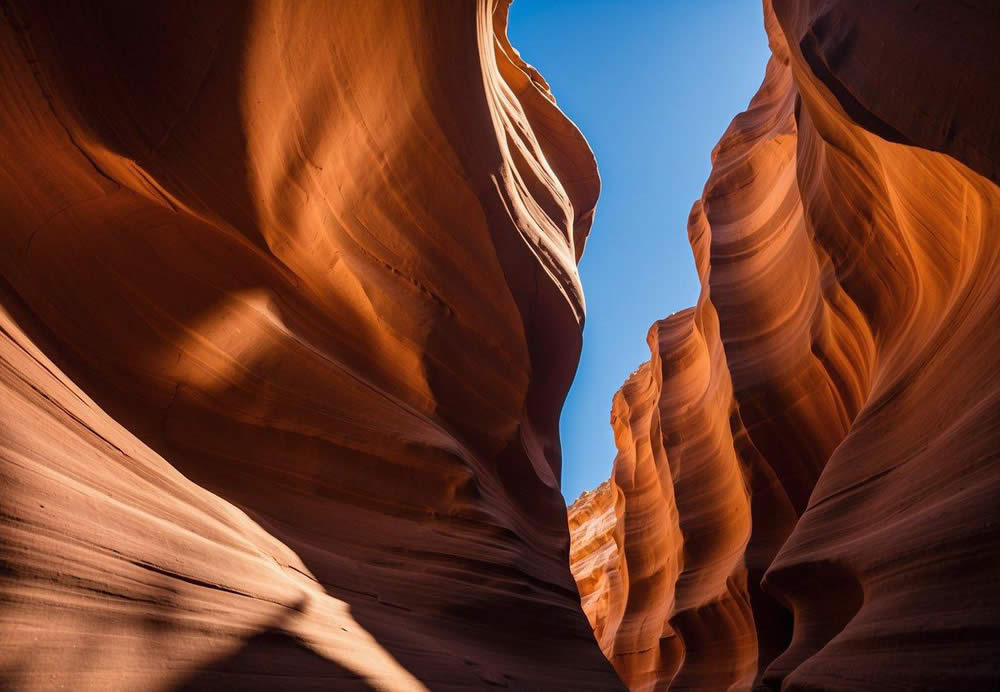 Sunlight streams through the narrow slot canyon, casting dramatic shadows on the smooth, curved walls. The vibrant red and orange hues of the sandstone create a stunning contrast against the deep blue sky