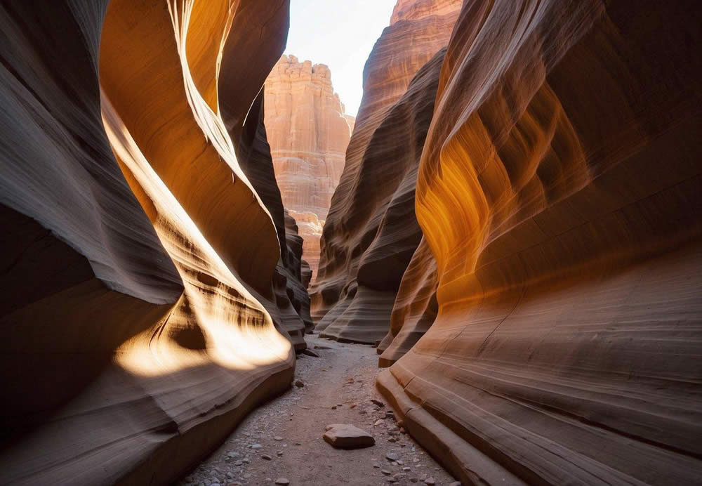 Sunlight beams into the narrow slot canyon, casting vibrant hues on the smooth, curving walls. The sandstone formations create a stunning display of natural beauty