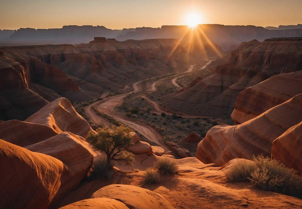 Sunrise over desert landscape, red rock formations, and winding canyon paths. Tour group gathers with excitement, ready to explore the natural beauty of Antelope Canyon