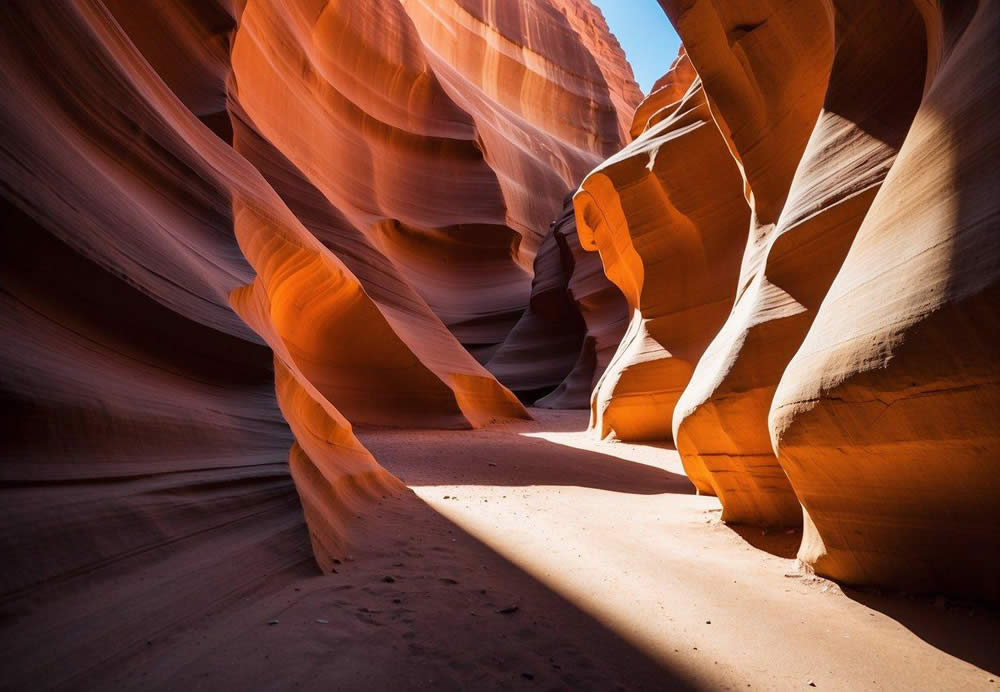 The sun casts long shadows on the narrow, swirling sandstone walls of Antelope Canyon. Light filters through the cracks, creating a mesmerizing display of colors and textures