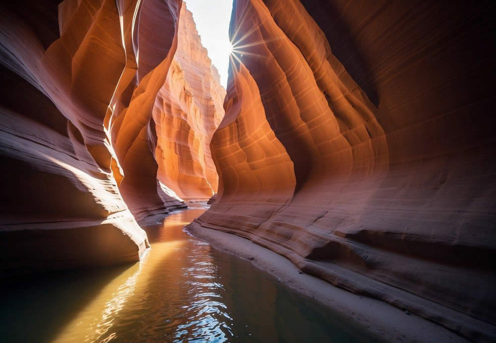 Sunlight streams through narrow slot canyons, casting dramatic shadows on the swirling sandstone walls. The vibrant hues of red, orange, and pink create a stunning display of natural beauty