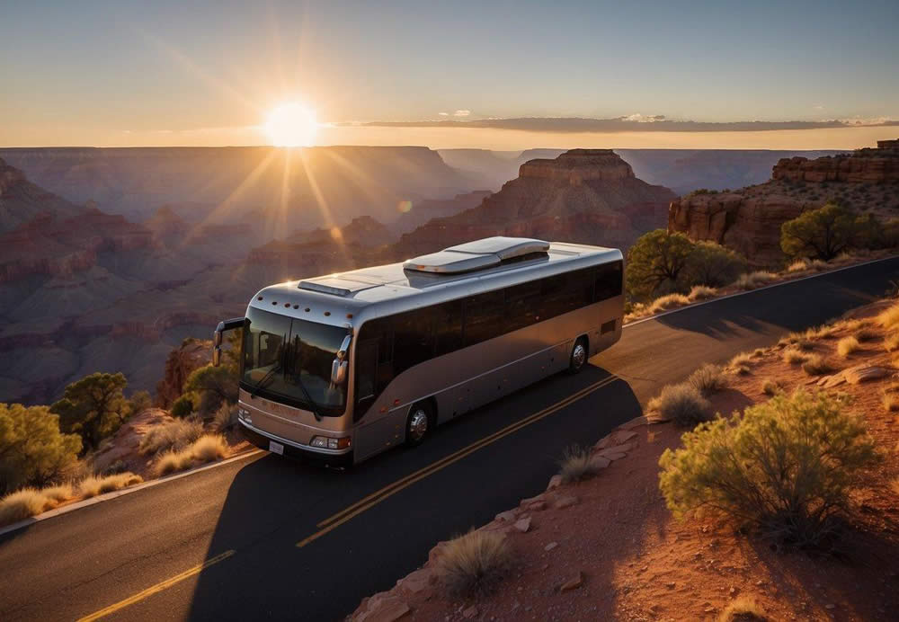 A luxury tour bus winds along the South Rim of the Grand Canyon, with red rock formations towering in the distance. The sun sets, casting a warm glow over the rugged landscape