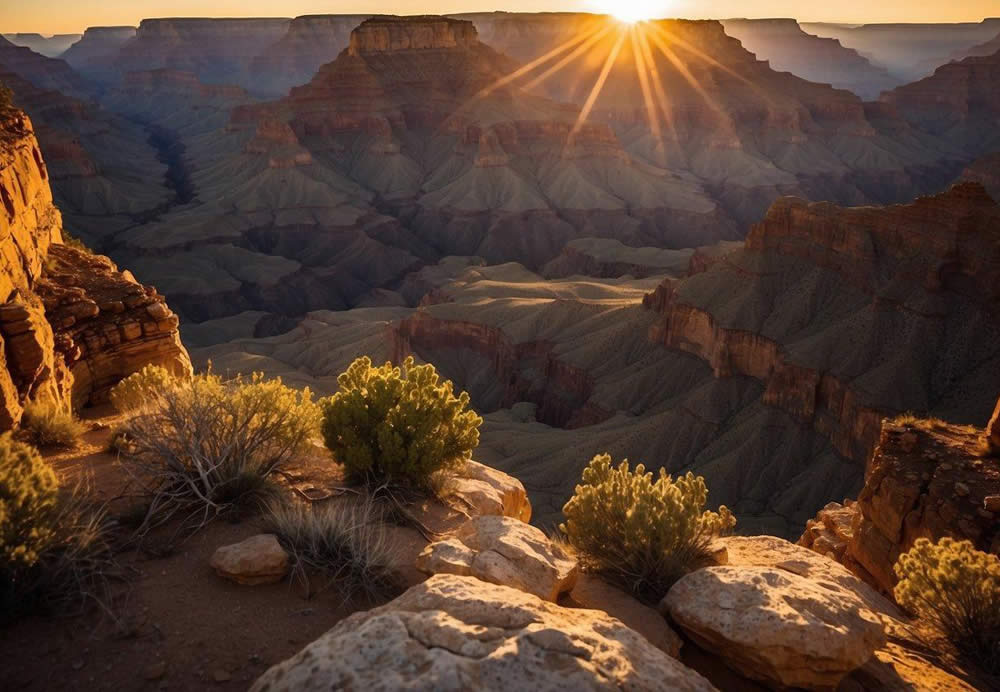 The sun sets over the majestic South Rim of the Grand Canyon, casting a golden glow on the rugged cliffs and deep valleys below. A winding river cuts through the ancient rock, creating a breathtaking vista