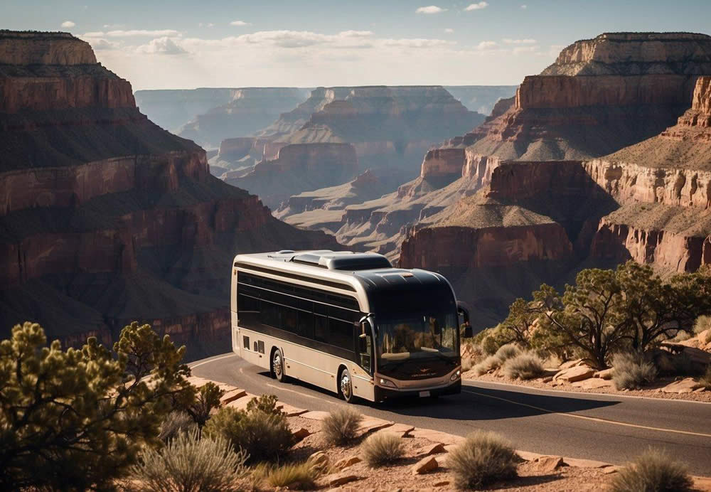 A luxury tour bus winds through the rugged terrain of the Grand Canyon South Rim, with towering cliffs and breathtaking views in the background