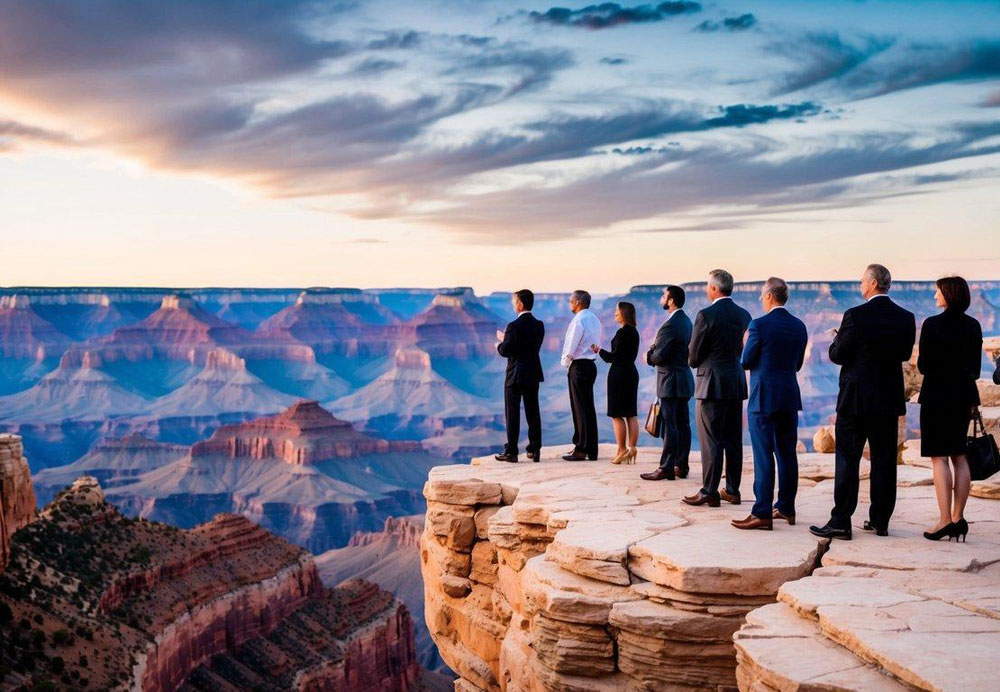 A group of corporate professionals embark on a guided tour of the Grand Canyon from Sedona, taking in the breathtaking views and natural wonders