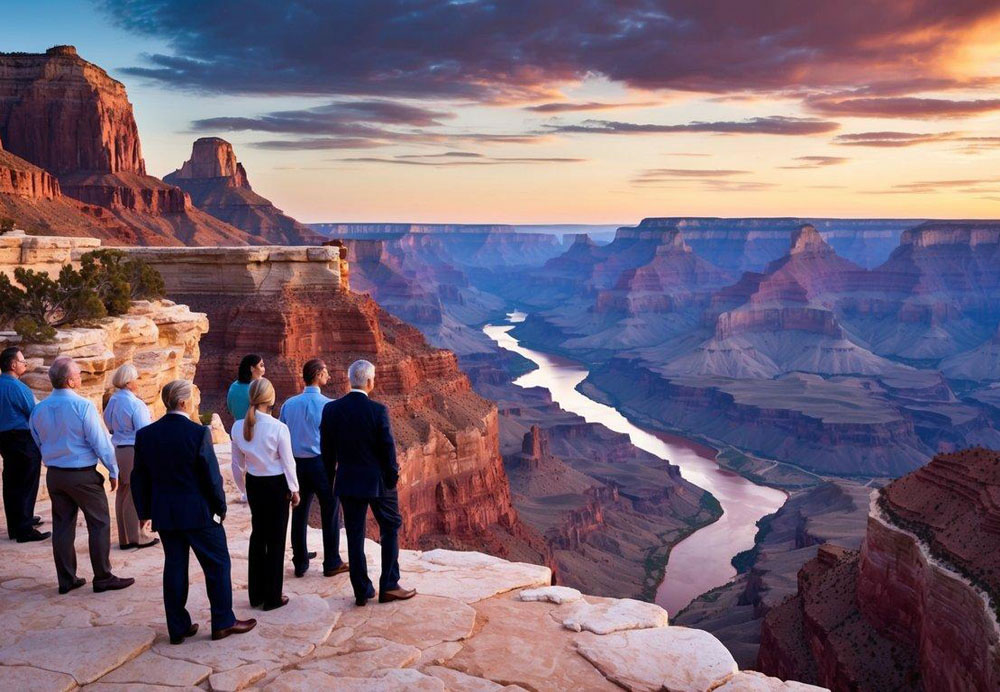 A group of corporate professionals embark on a guided tour through the vast and majestic Grand Canyon, with towering red rock formations and a winding river cutting through the landscape