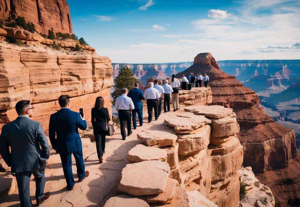 A group of corporate professionals embarks on a guided tour through the majestic Grand Canyon, surrounded by towering red rock formations and vast open space