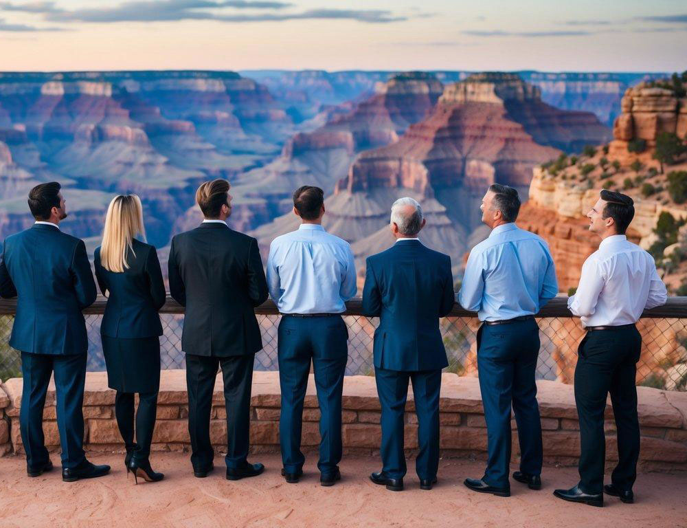 A group of corporate professionals in business attire admire the vastness of the Grand Canyon from a scenic overlook in Sedona