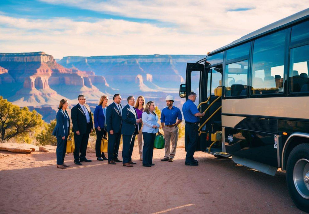 A group of corporate professionals board a tour bus in Sedona, Arizona, with the majestic Grand Canyon as the backdrop. The bus is loaded with supplies and equipment for their day of exploration