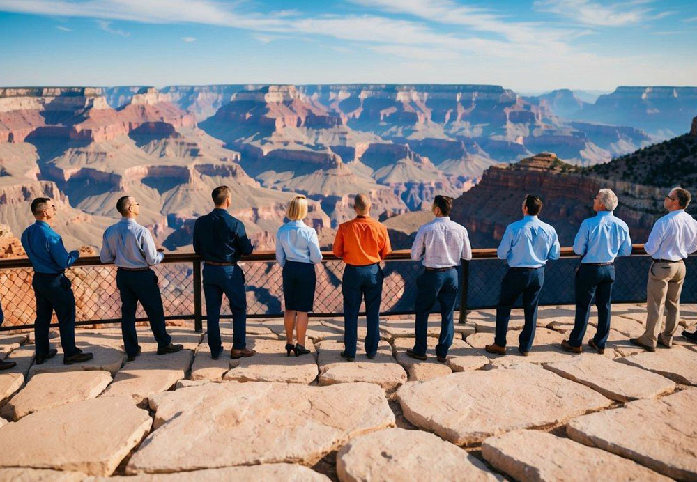 A group of corporate travelers stand at the edge of the Grand Canyon, marveling at the breathtaking vista before them