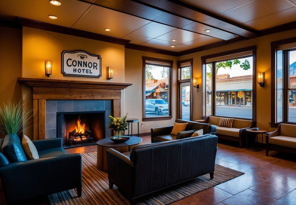 A cozy lobby with a crackling fireplace and comfortable seating. A vintage sign for the Connor Hotel hangs on the wall. Windows overlook the charming streets of Jerome, Arizona