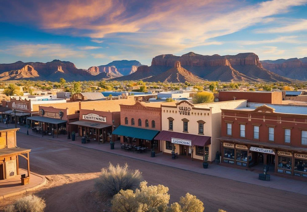 A bustling town square with a historic mining museum, old saloons, and vintage shops surrounded by the picturesque desert landscape of Jerome, Arizona