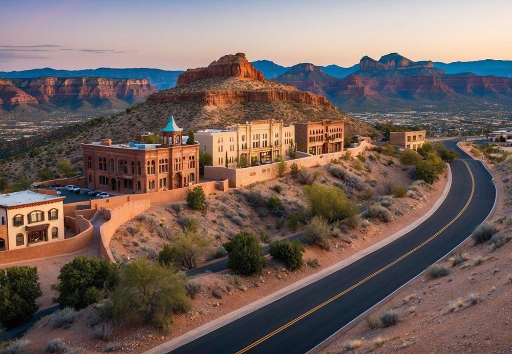 A panoramic view of Jerome, Arizona, with its historic buildings perched on a hillside overlooking the desert landscape and winding mountain roads