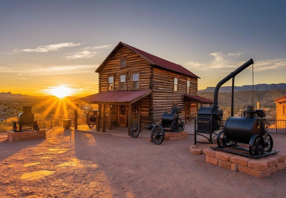 The sun sets over the historic Gold King Mine Museum in Jerome, Arizona, casting a warm glow on the vintage mining equipment and rustic buildings