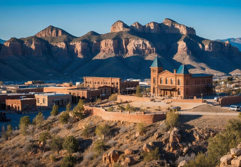 The historic park sits atop a hill, overlooking the old mining town of Jerome, with a backdrop of rugged mountains and a clear blue sky