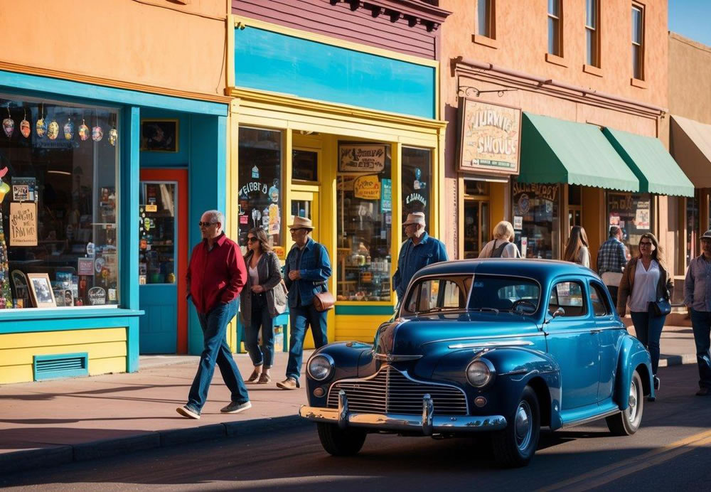 People stroll past colorful storefronts on Main Street, Jerome, Arizona. A vintage car is parked outside a quirky shop. Sunlight casts long shadows