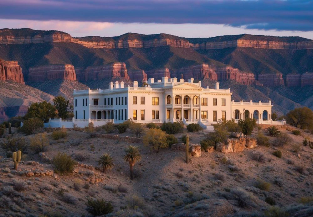 The historic Douglas Mansion stands atop a hill in Jerome, Arizona, surrounded by rugged desert landscape and offering stunning views of the surrounding area