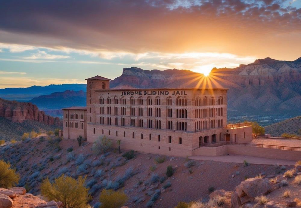 A picturesque view of the Jerome Sliding Jail nestled among the rugged landscape of Arizona. The sun sets behind the historic structure, casting a warm glow over the scene