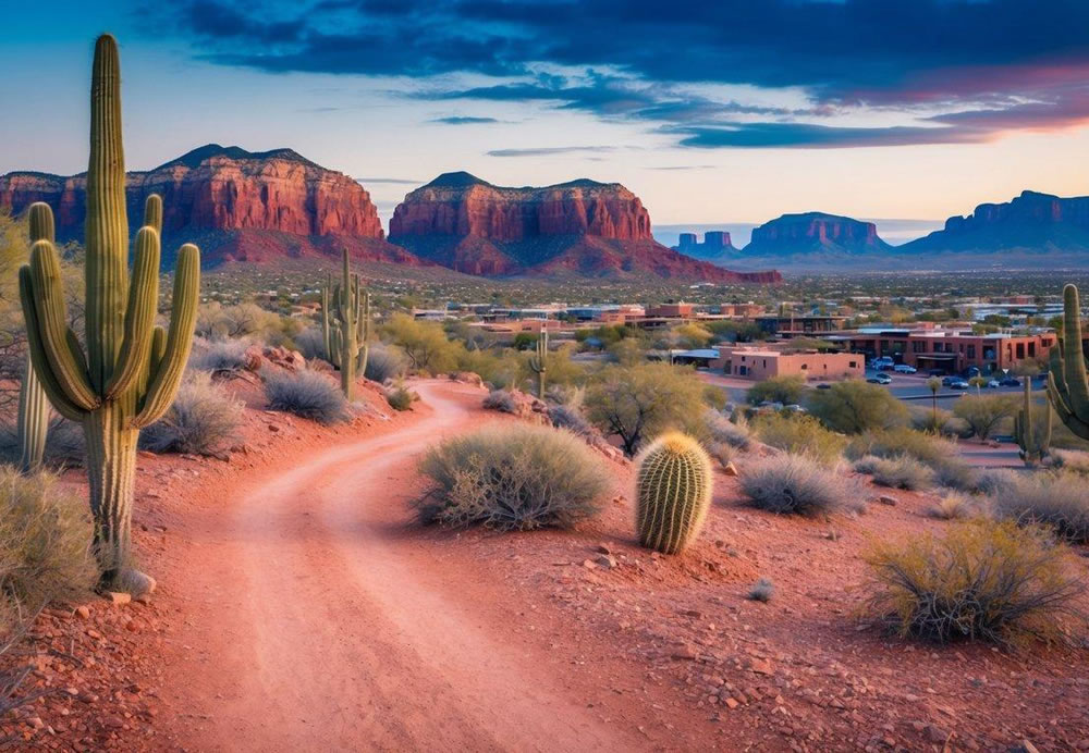 A winding trail through desert landscape with cacti, red rock formations, and a view of the historic town of Jerome, Arizona