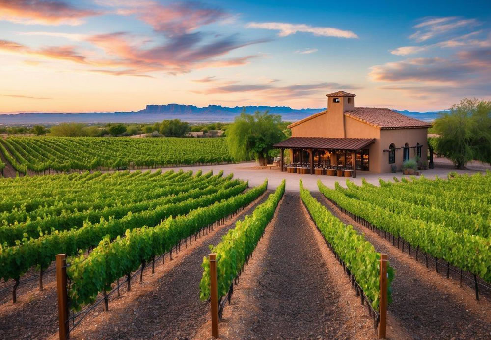 A picturesque vineyard with rows of grapevines, a rustic tasting room, and a scenic view of the Arizona landscape