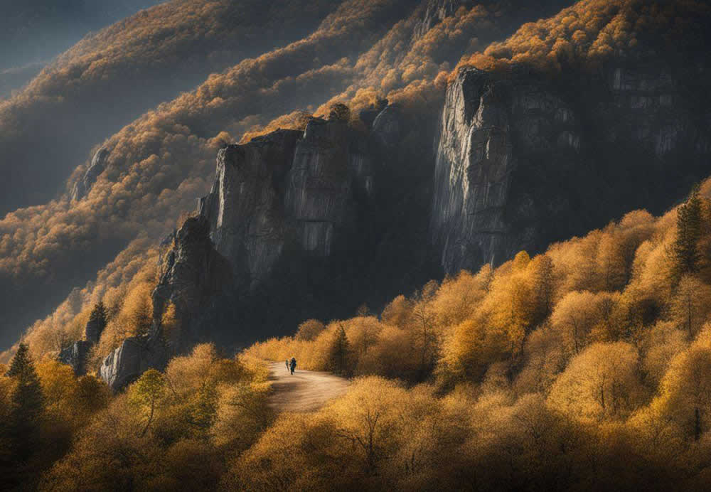 A person walking on a path in a forest