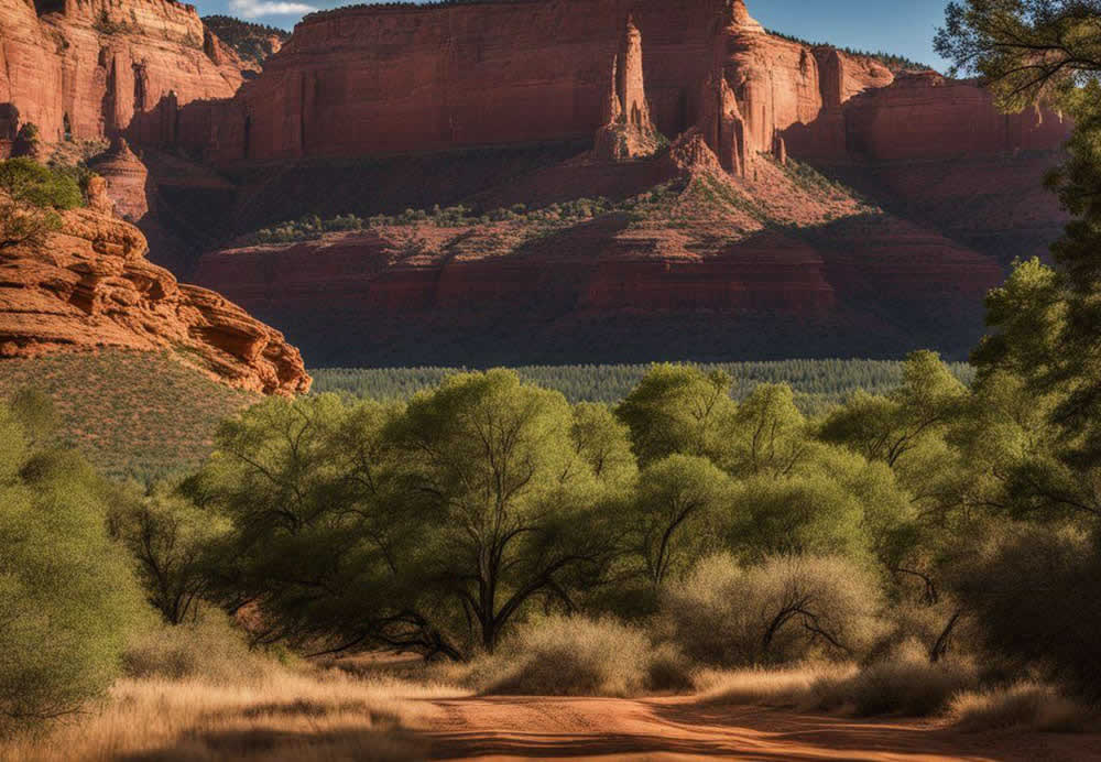 A dirt road with trees and mountains in the background