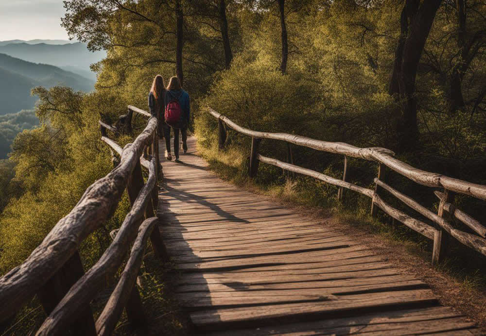 A couple of people walking on a wooden bridge