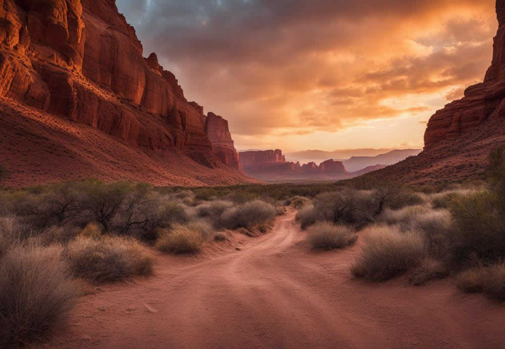 A dirt road through a desert