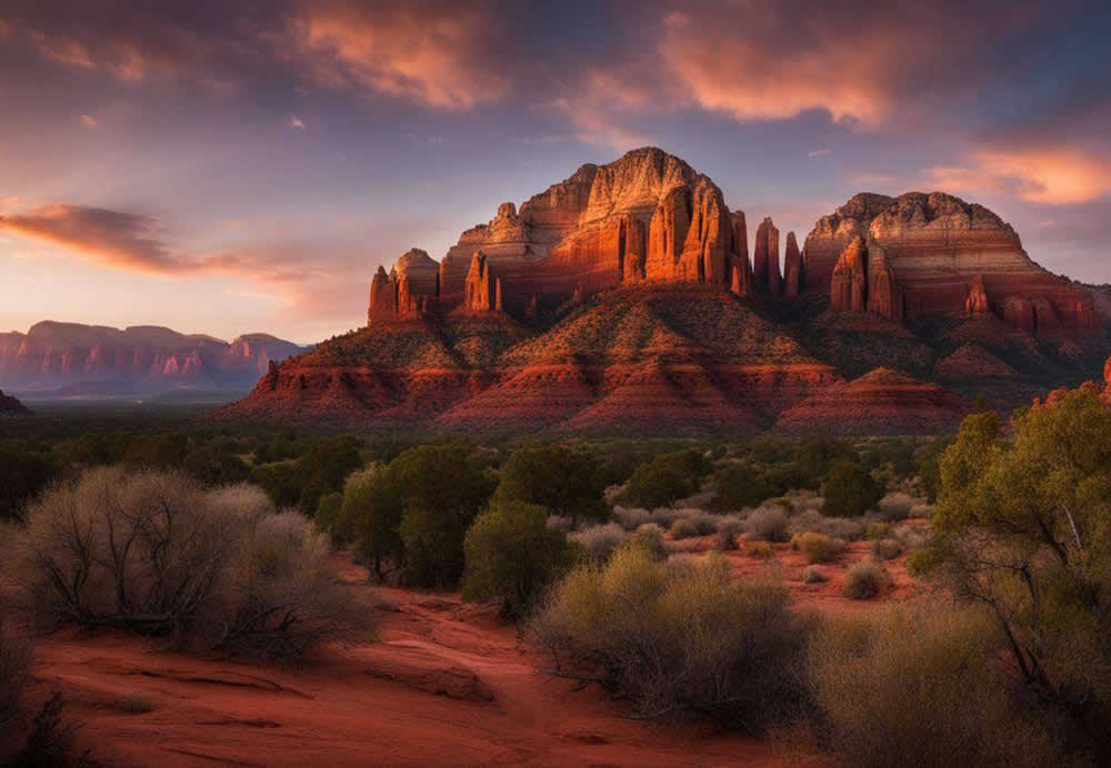 A red rock mountain with trees in the background