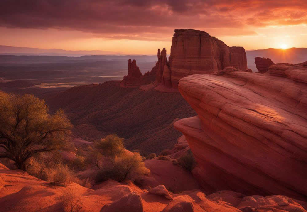 A sunset over a rocky landscape with medium confidence