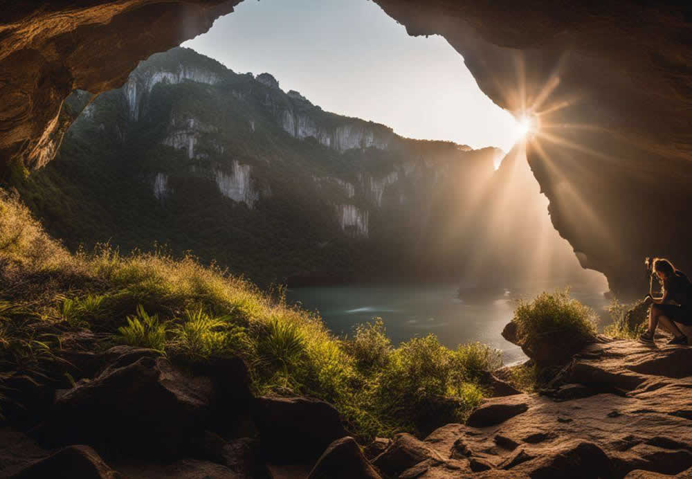 Sun shining through a cave