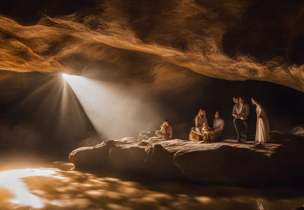 A group of people sitting on rocks in a cave