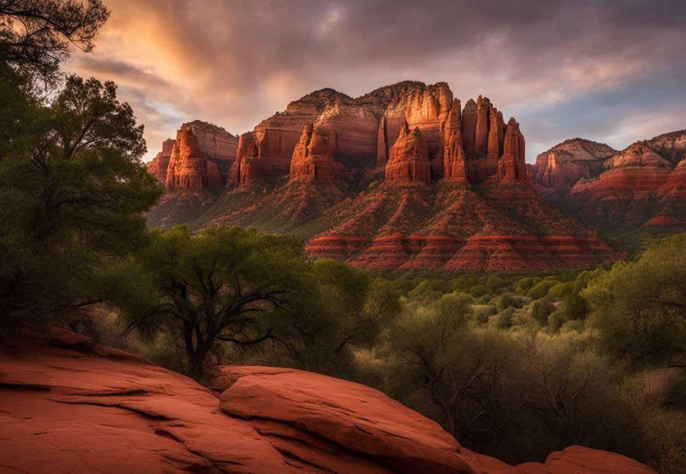 A landscape of a red canyon with Cathedral Rock in the background with medium confidence