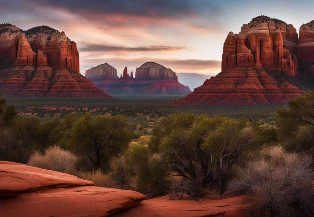 A landscape of red rocks and trees