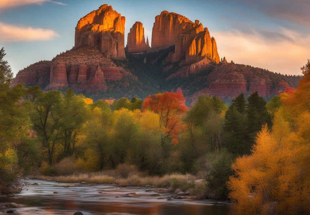 A landscape with Cathedral Rock and trees with medium confidence