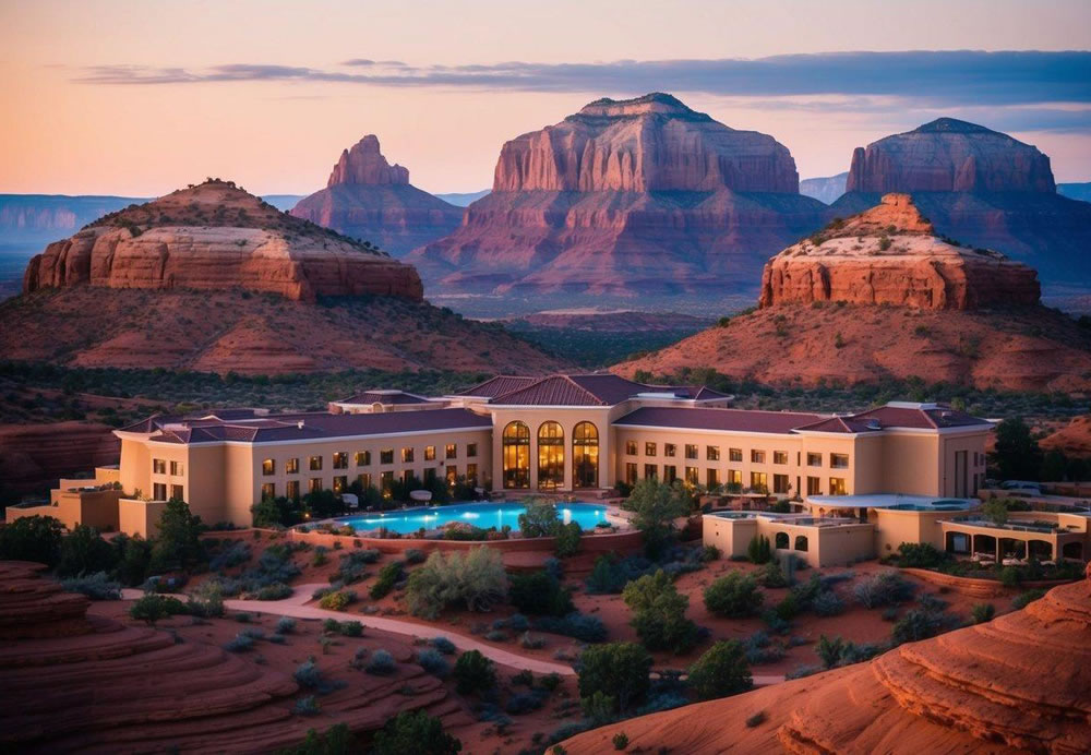 A serene desert landscape with luxurious spa buildings nestled among red rock formations in Sedona