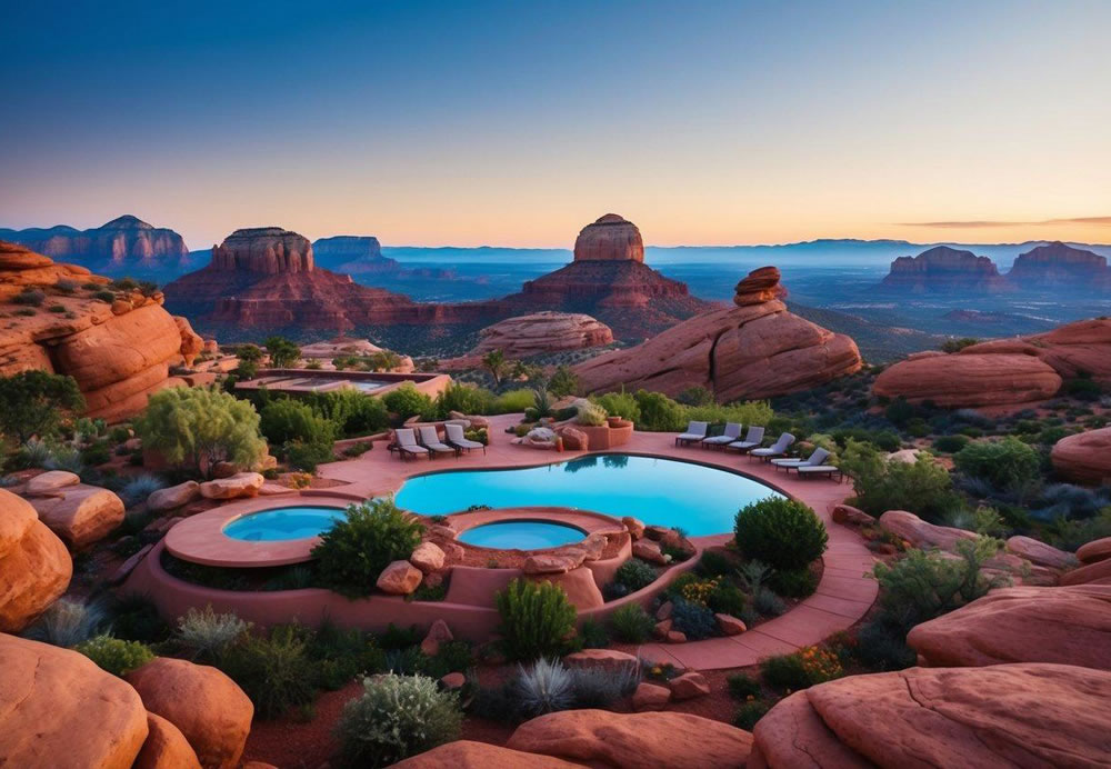 A luxurious desert spa nestled among red rock formations, with tranquil pools, lush gardens, and panoramic views of the surrounding Sedona landscape