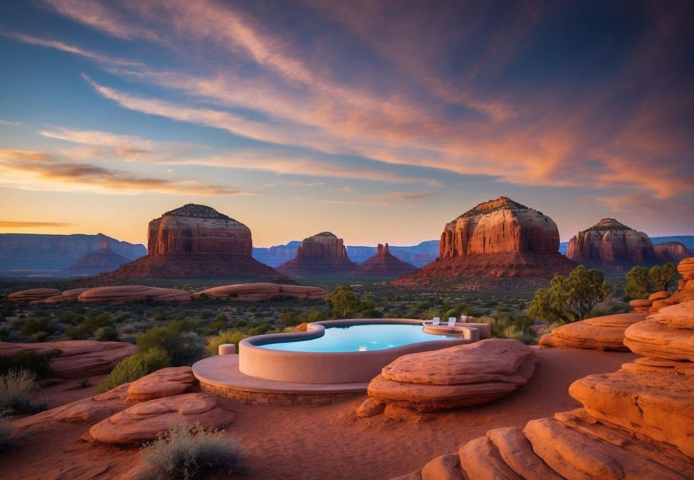 A serene desert landscape with luxurious spa facilities nestled among red rock formations in Sedona