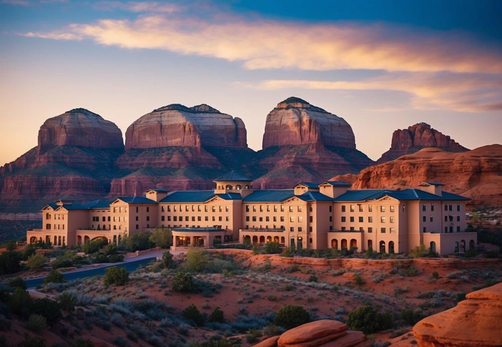 A serene desert landscape with luxurious spa buildings nestled among red rock formations in Sedona