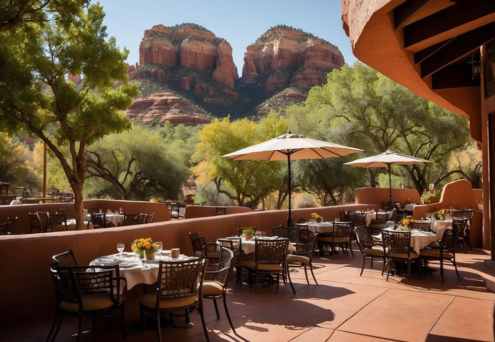 A picturesque view of Sedona's top 10 restaurants nestled among the red rock formations, with outdoor patios and lush greenery, showcasing the diverse culinary experiences available in the area