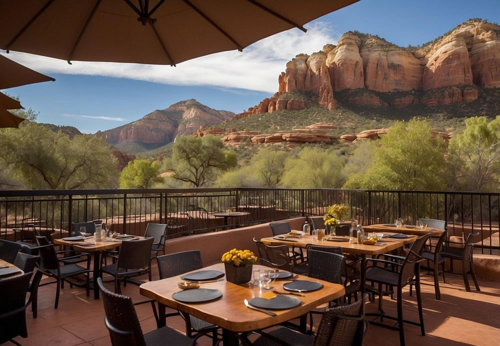 Vibrant Sedona restaurants serve diverse cuisines amid stunning red rock landscapes. Outdoor patios offer panoramic views of the desert