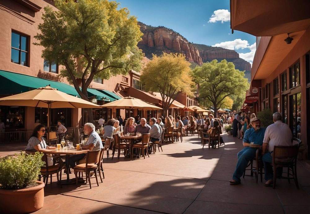 A bustling street in Sedona, with colorful storefronts and outdoor seating. A mix of locals and tourists enjoying the vibrant atmosphere of the top 10 restaurants