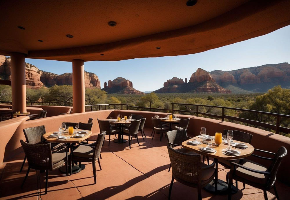 A panoramic view of Sedona's top 10 restaurants, each with its unique architectural style and outdoor dining areas surrounded by red rock formations