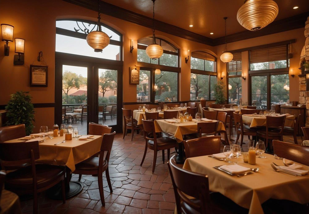 A bustling Italian restaurant in Sedona, Arizona, with a warm and inviting atmosphere. The aroma of freshly baked bread and simmering marinara sauce fills the air as diners enjoy their meals at cozy, candlelit tables