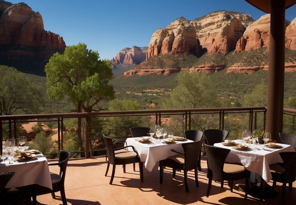 A panoramic view of Sedona's iconic red rock formations, with elegant dining setups at the top 10 restaurants, showcasing the unique and specialized dining experiences in the area