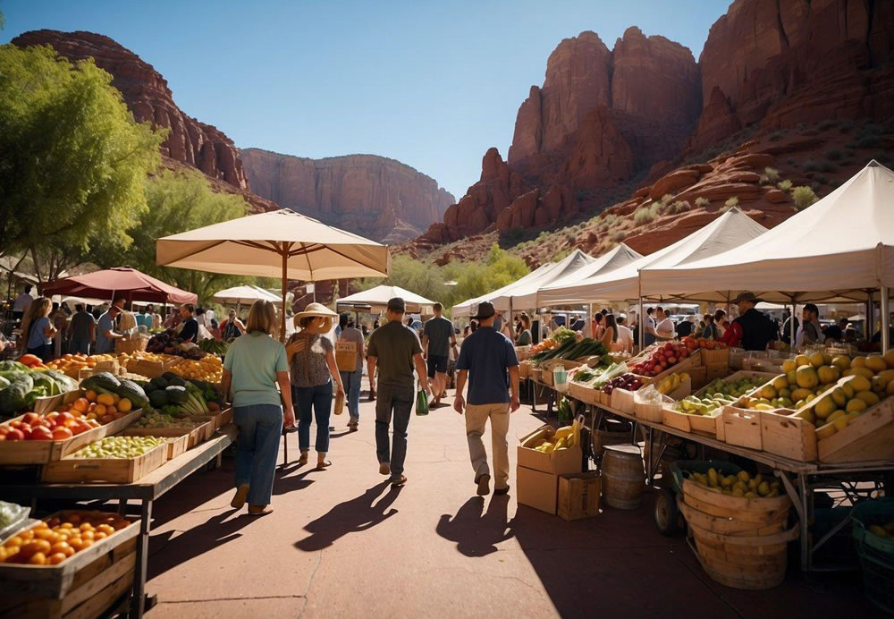 A bustling farmers' market with vendors selling fresh produce and organic goods, surrounded by scenic red rock formations and a clear blue sky