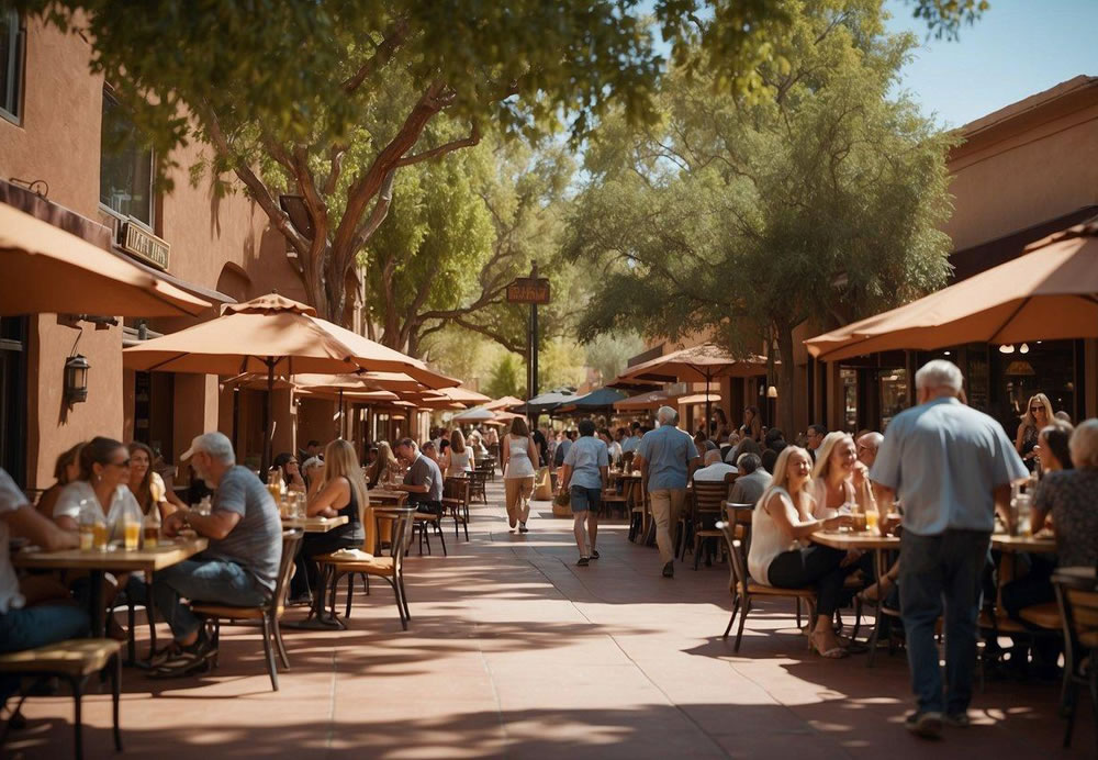 A bustling street lined with diverse restaurants, from cozy cafes to upscale eateries, with diners enjoying al fresco dining under the warm Sedona sun