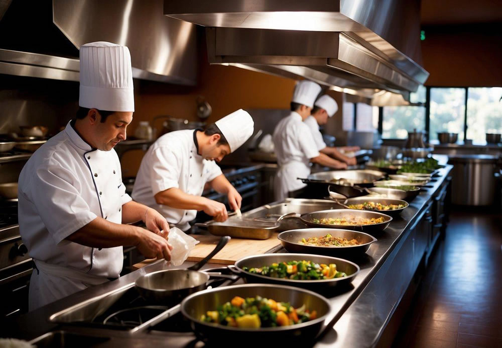 A bustling kitchen with chefs preparing gourmet dishes in the top 10 restaurants in Sedona, Arizona. The aroma of sizzling ingredients fills the air as the chefs work diligently to create exquisite culinary masterpieces