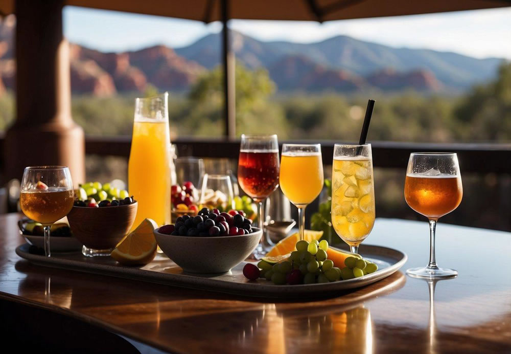 A table set with a variety of beverages, including wine, cocktails, and specialty drinks, arranged to complement a meal at a top restaurant in Sedona, Arizona